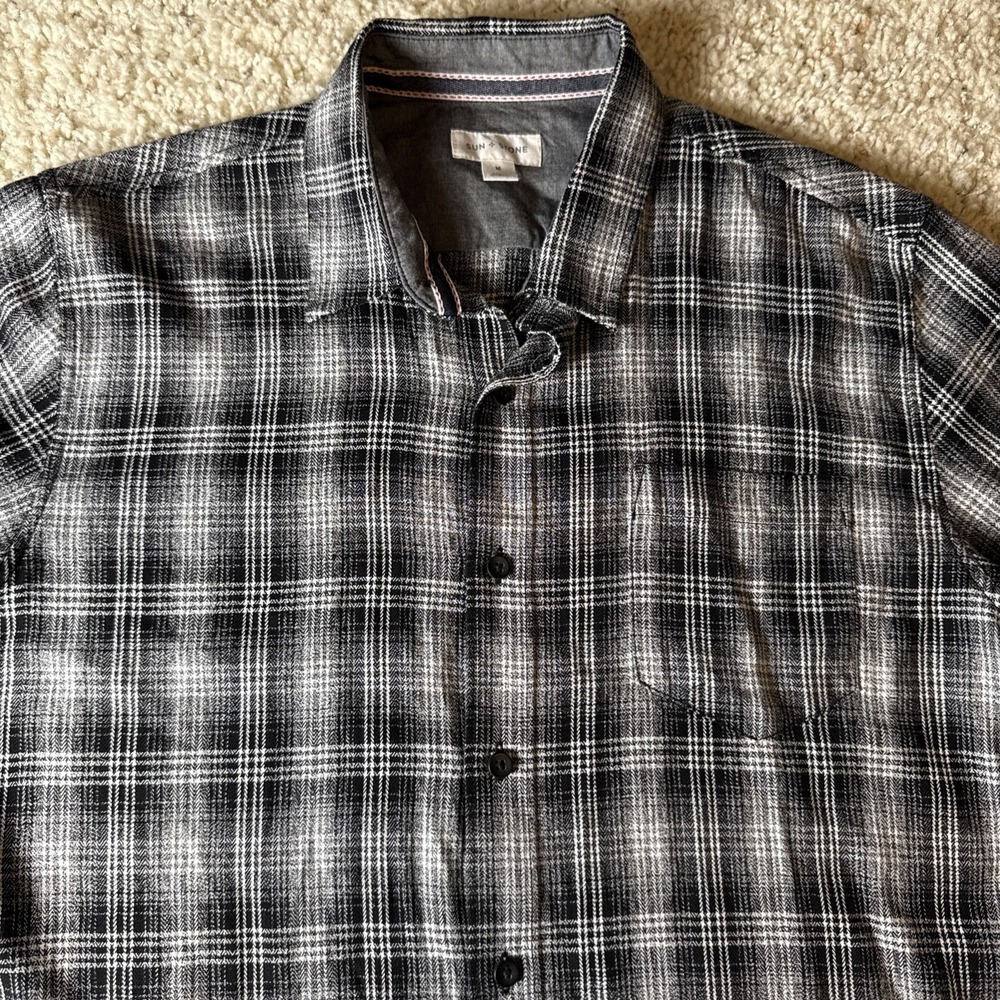 Sun Stone Lightweight Flannel Shirt Mens M Black Plaid Long Sleeve Button Up